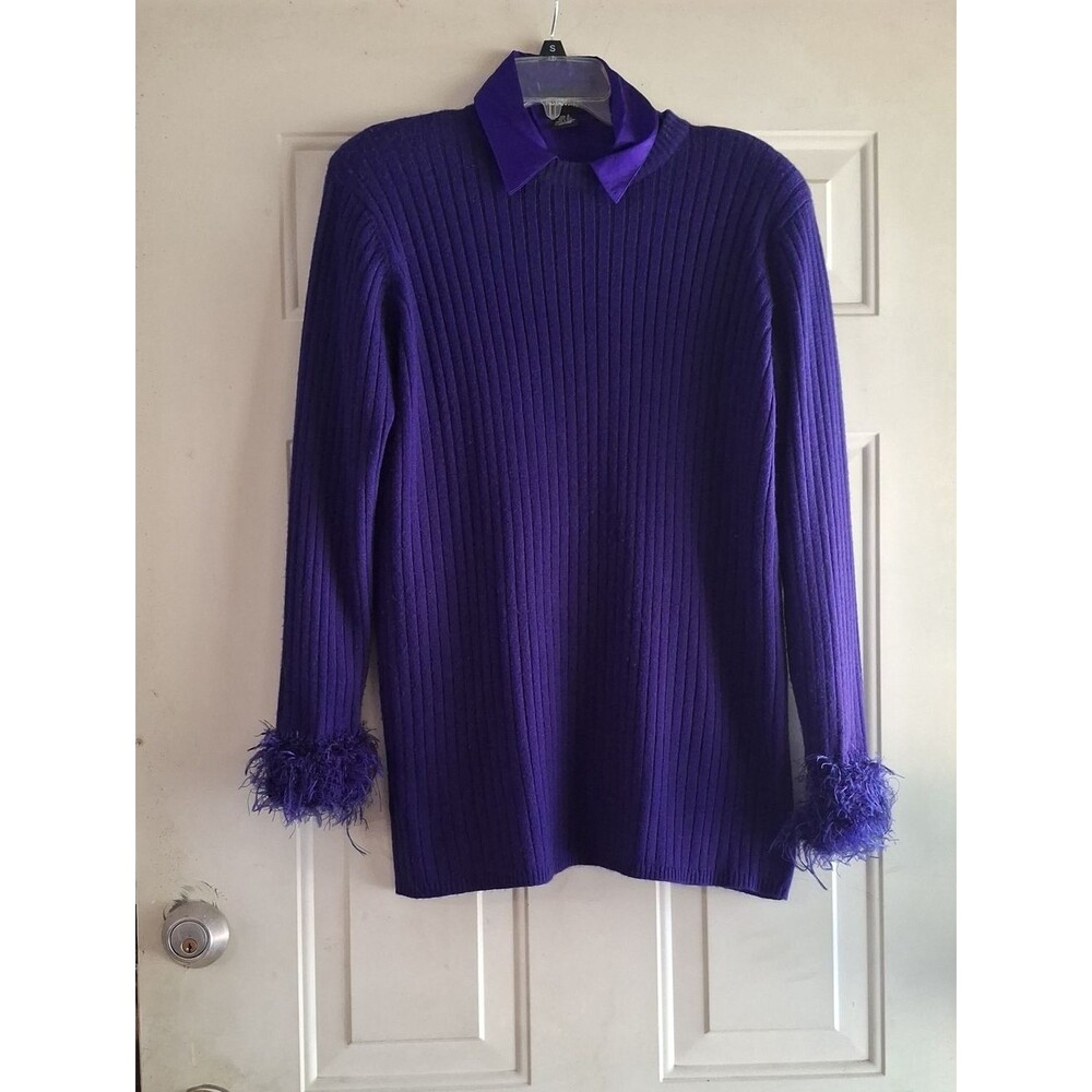 Notations Purple Ribbed Sweater with Feather Cuffs